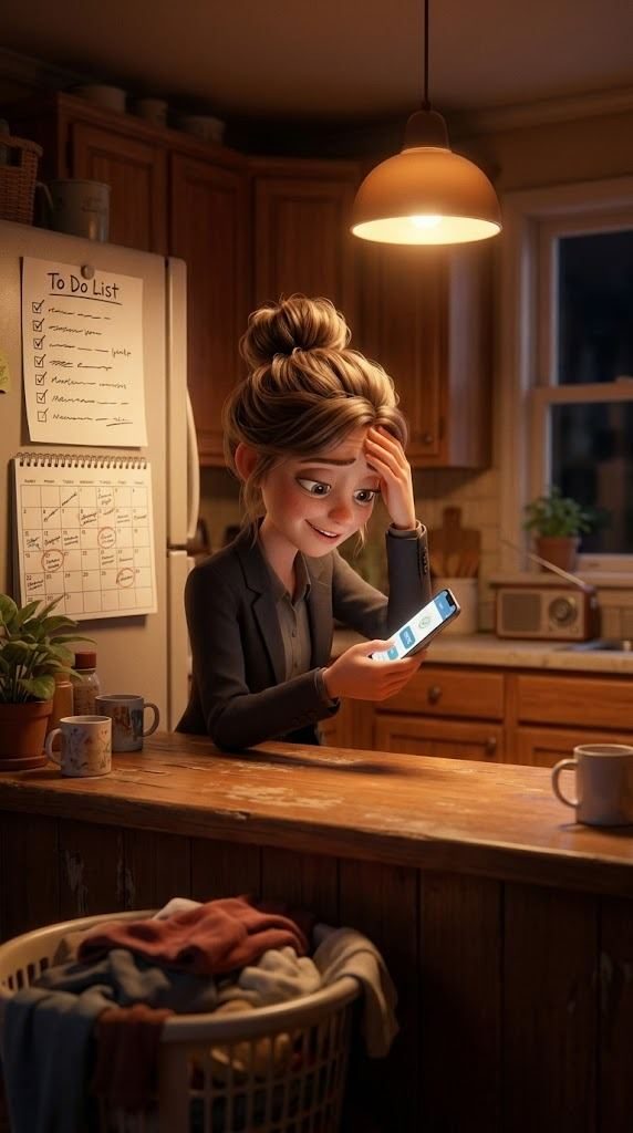 Eine Frau steht abends in der Küche, das Handy in der Hand, und stützt den Kopf in die Hand.