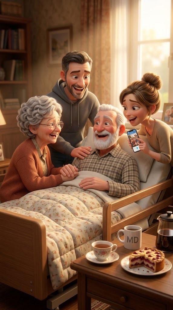 Eine Familie lacht gemeinsam am Pflegebett des Vaters, auf dem Handy sind Fotos zu sehen.