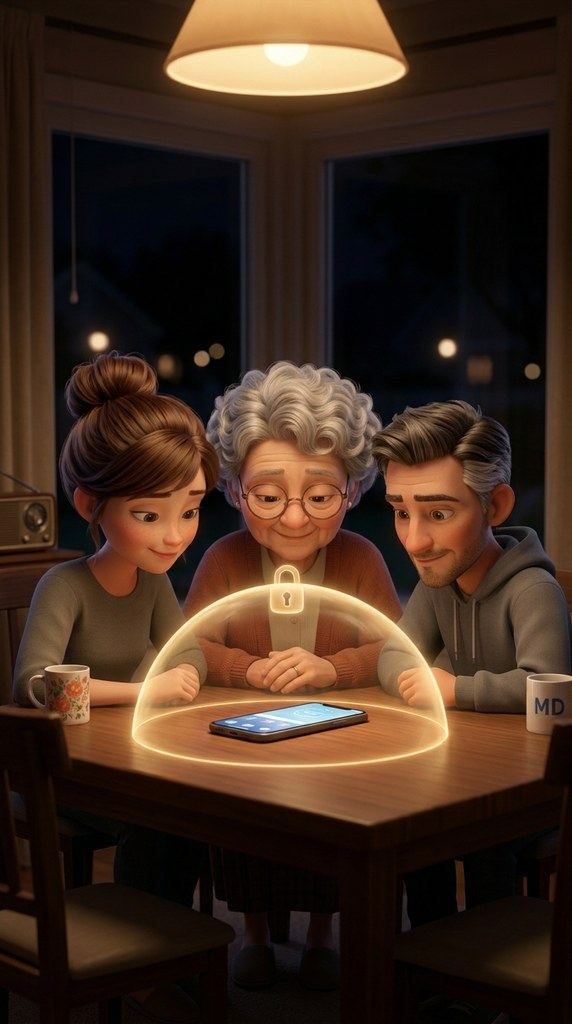 Eine Familie sitzt am Tisch, über dem Handy leuchtet eine schützende Kuppel mit Schloss.