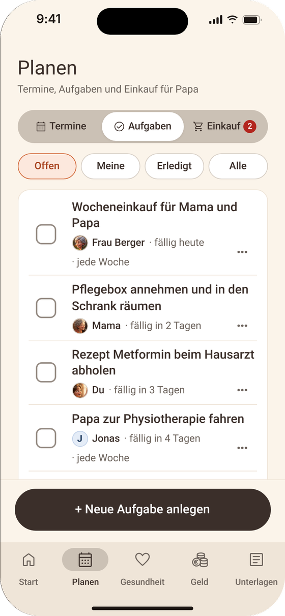 App-Ansicht: Planen, Aufgaben mit zuständiger Person und Frist