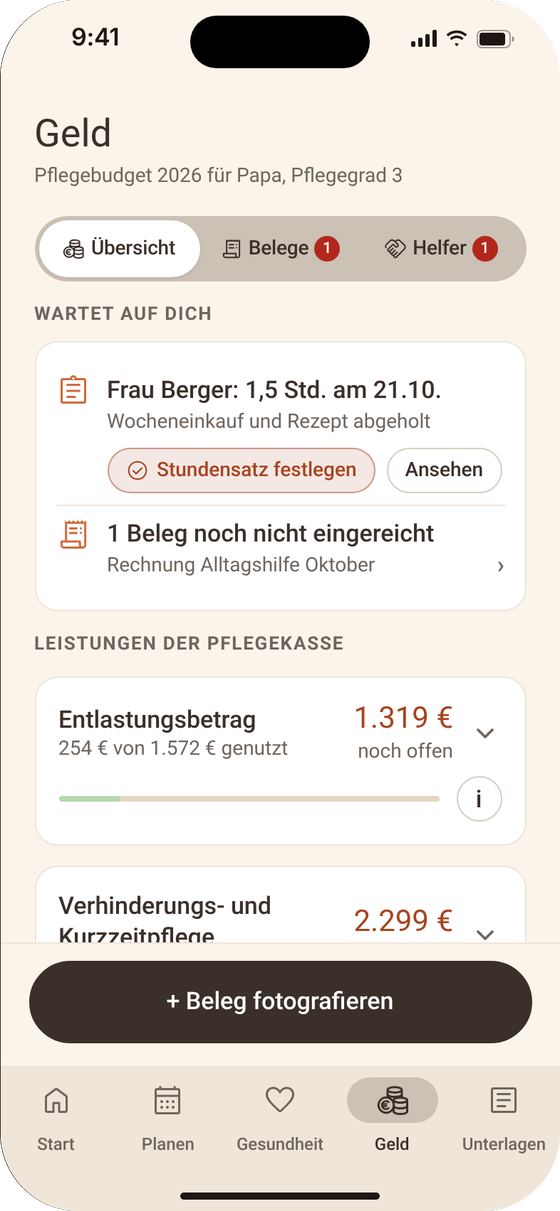 App-Ansicht: Geld, Leistungen der Pflegekasse mit Rest und Frist