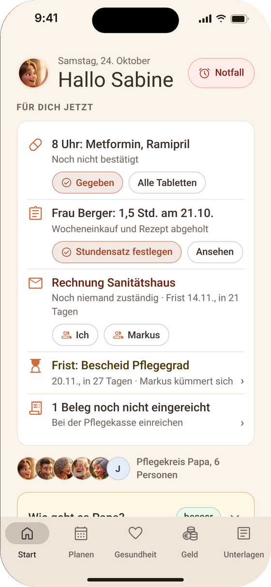 App-Ansicht: Start: nur das, was jetzt für Sie ansteht