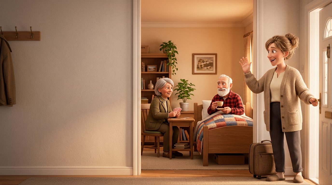Eine Tochter verabschiedet sich an der Tür, die Eltern bleiben gut versorgt im Wohnzimmer.
