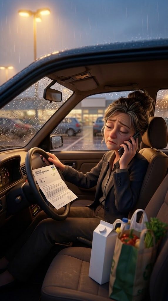 Eine Frau sitzt im Auto zwischen Büro und Einkauf und telefoniert.