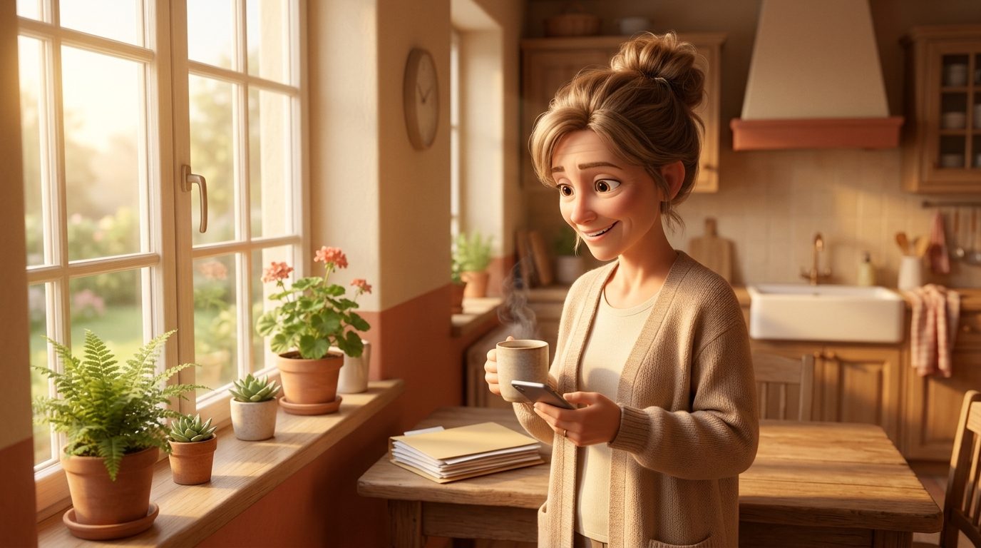 Eine Frau steht morgens mit einer Tasse am Küchenfenster, warmes Licht fällt herein.