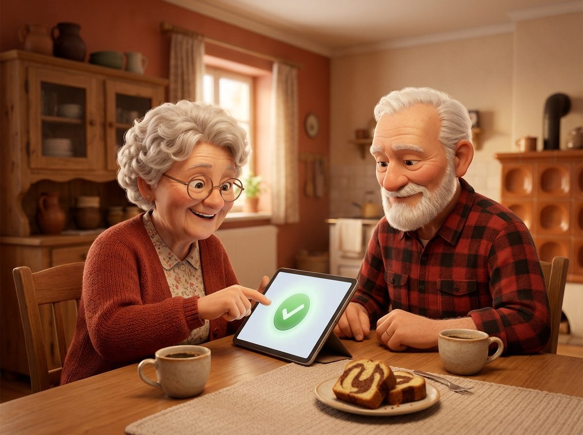 Ein älteres Paar am Küchentisch, sie tippt auf dem Tablet einen großen Haken an.